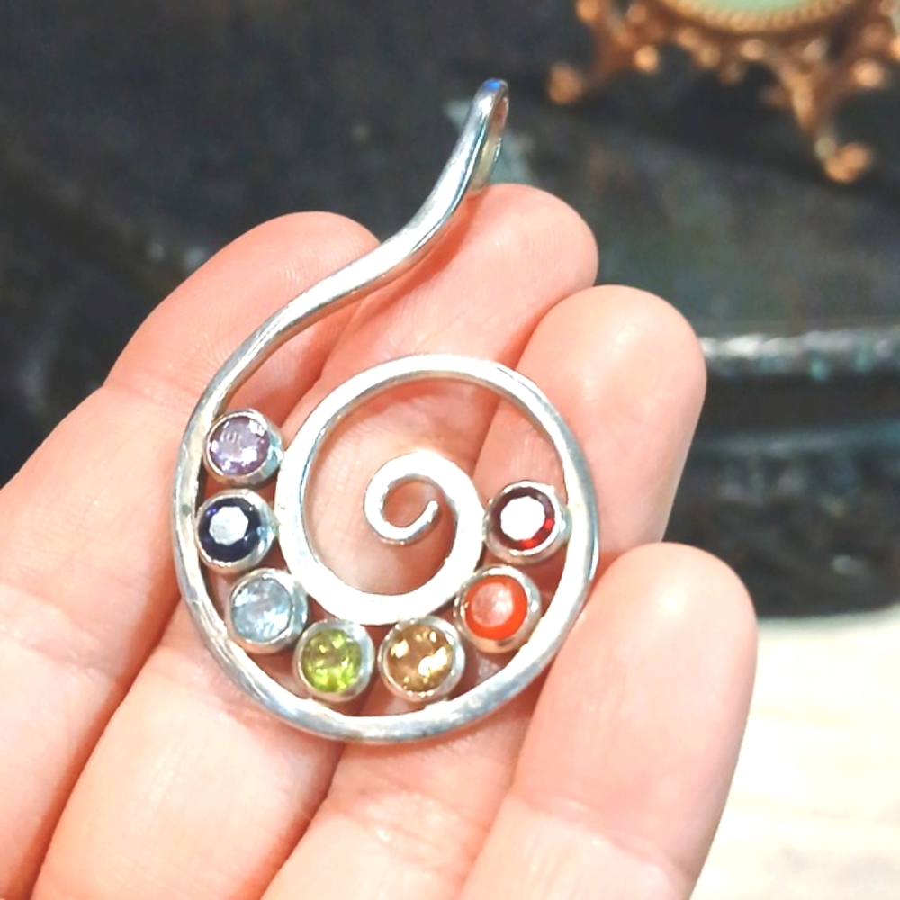 🌈 Sterling Silver Multicolor Gemstone Spiral Pendant – Colorful & Unique! 🌪️